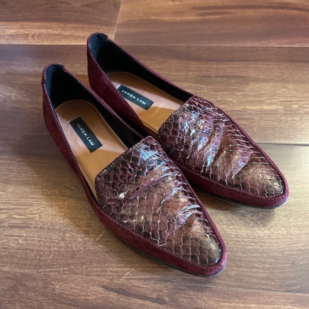 Derek Lam Burgundy Snake Print Loafers
